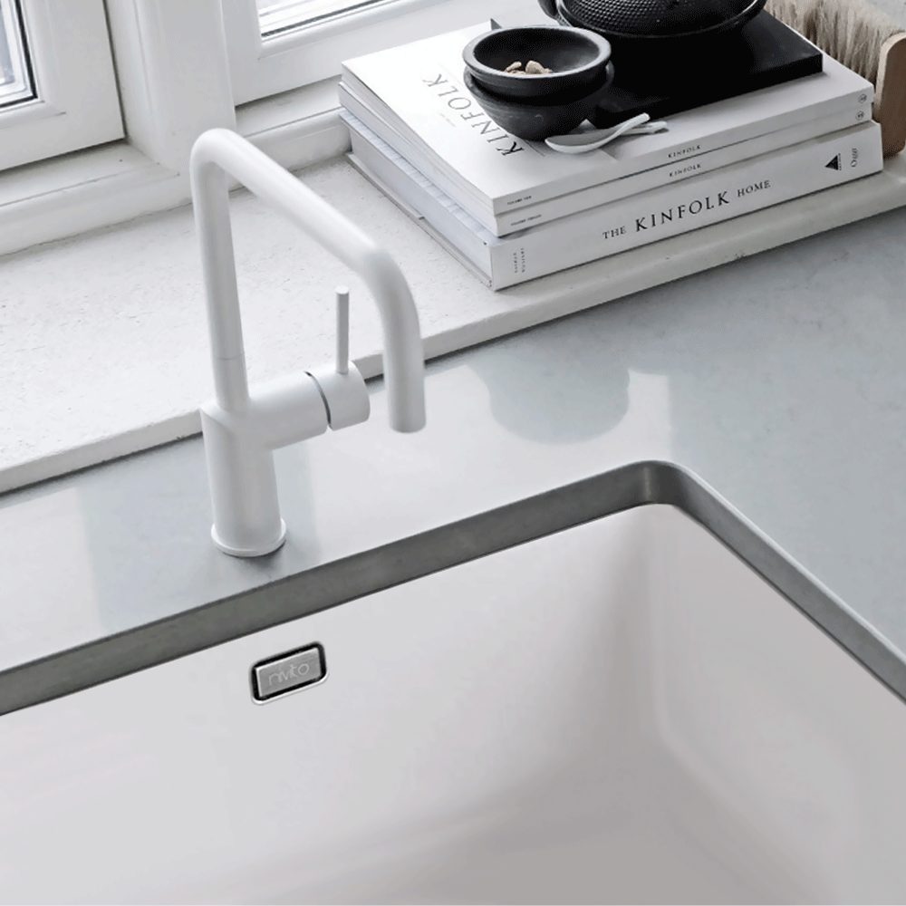 White Sink - Nivito CU-500-GR-WH Brushed Steel Drain, overflow cover & waste basket included