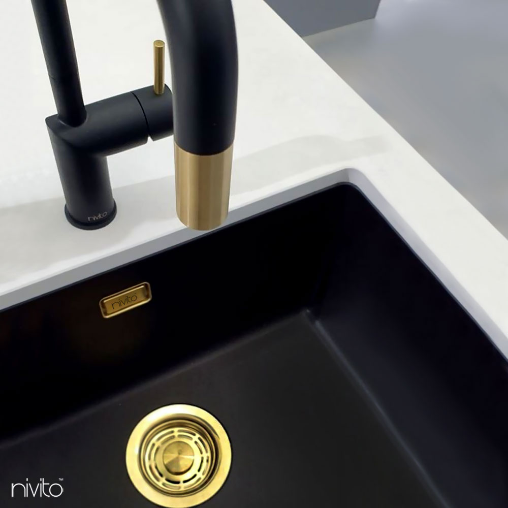 Brass/Gold Mixer Tap Black/Gold/Brass / Pullout hose - Nivito RH-340-EX-BISTRO