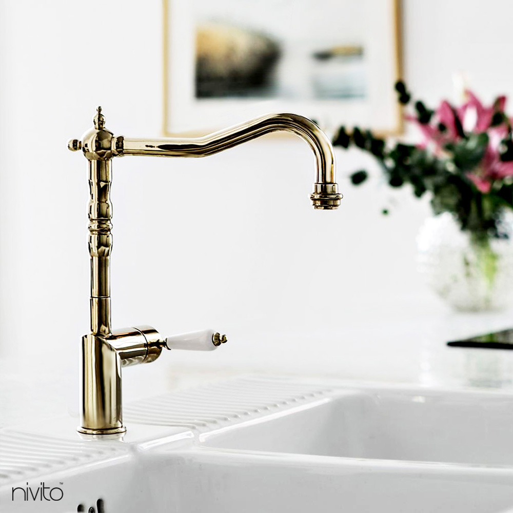 Brass/Gold Kitchen Tap - Nivito CL-160 White Porcelain handle