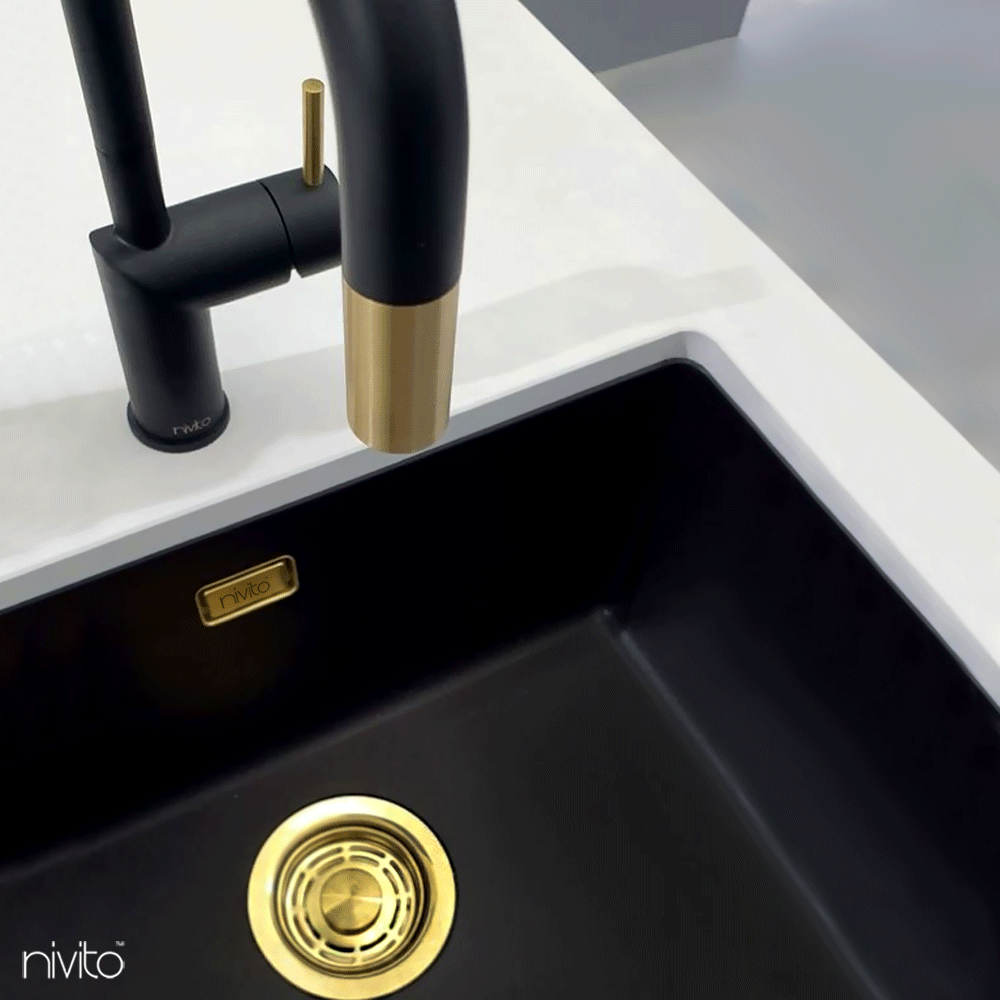 Black Kitchen Sink - Nivito CU-500-GR-BL Brushed Steel Drain, overflow cover & waste basket included