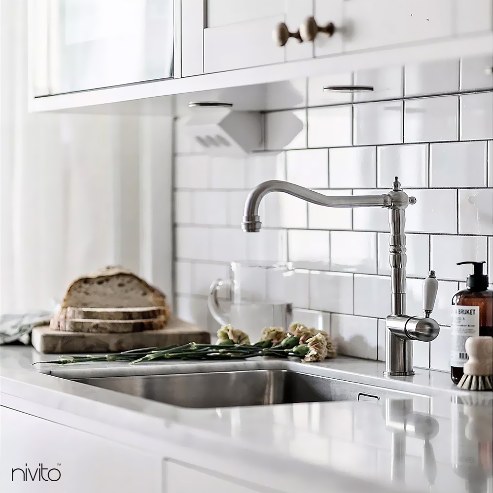 Stainless Steel Kitchen Mixer Tap - Nivito CL-100 White Porcelain handle