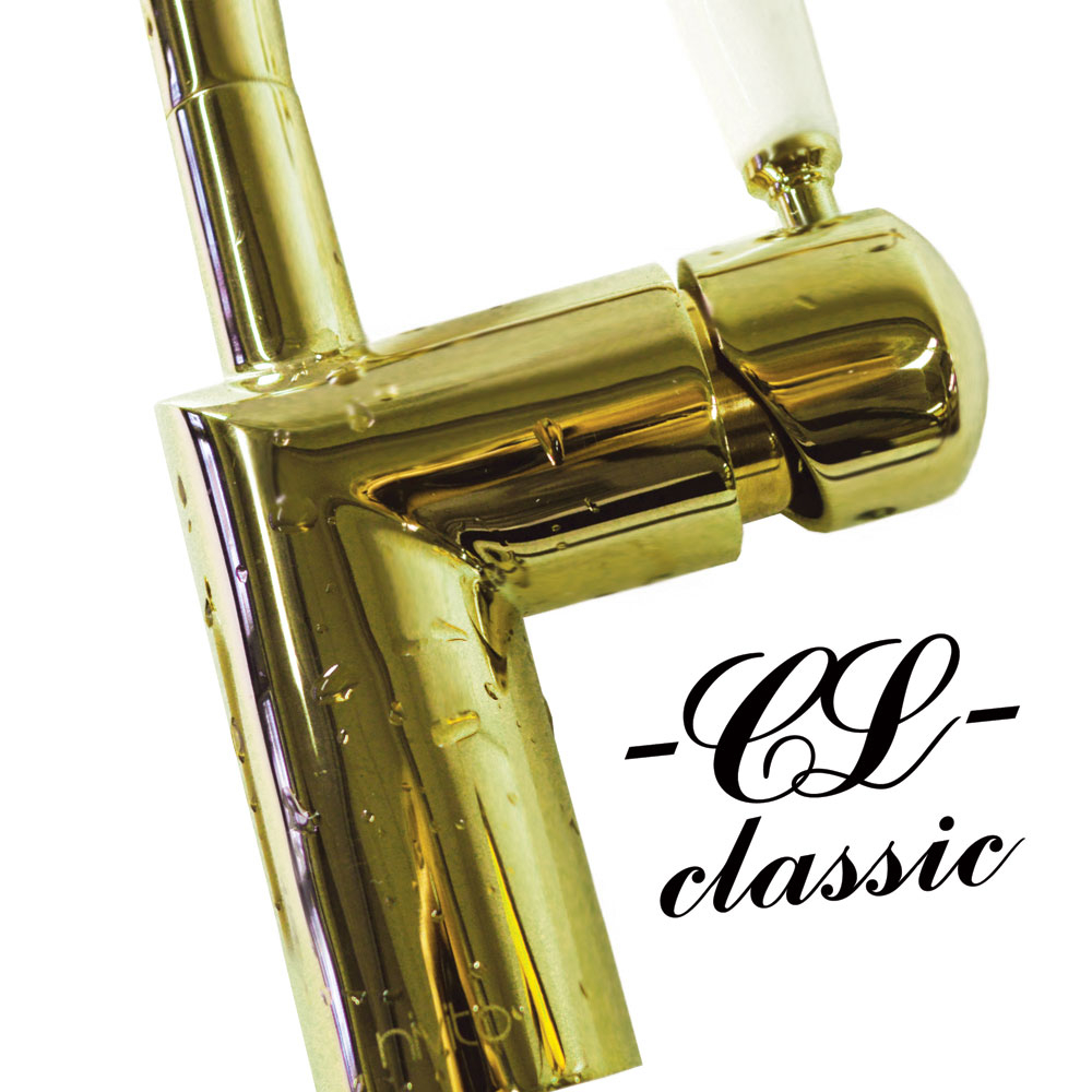 Brass/Gold Kitchen Tap - Nivito CL-160 White Porcelain handle