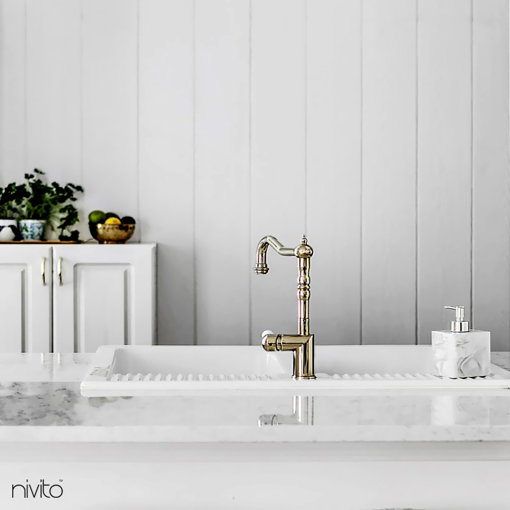 Brass/Gold Tap - Nivito CL-160 White Porcelain handle