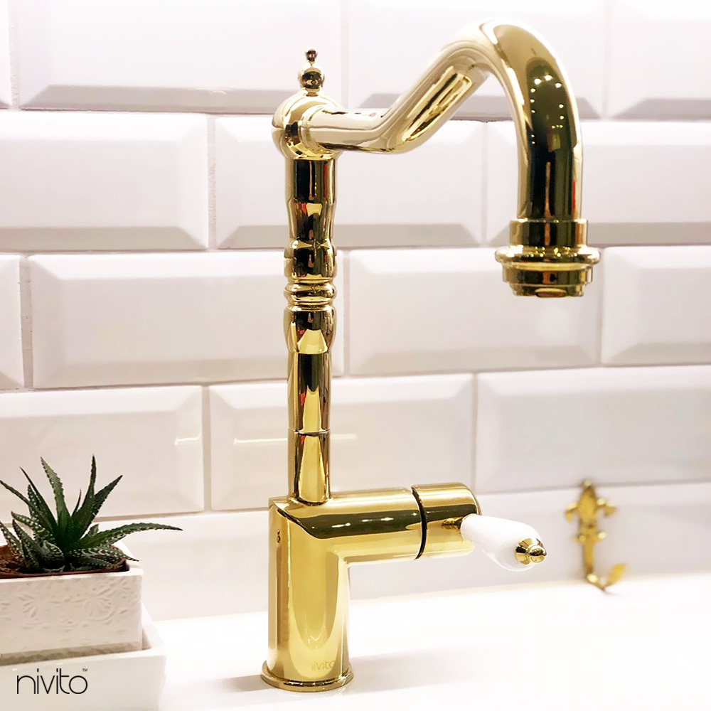 Brass/Gold Kitchen Mixer Tap - Nivito CL-160 White Porcelain handle