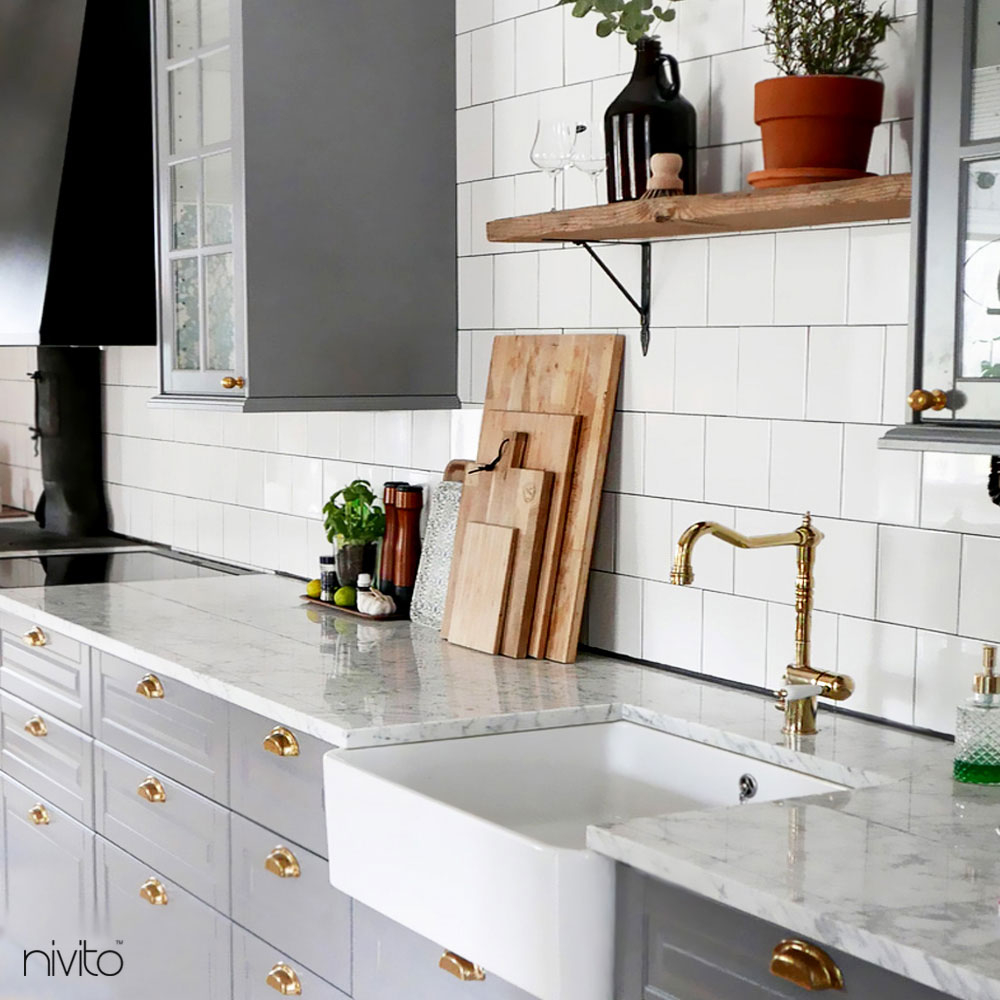 Brass/Gold Kitchen Tap - Nivito CL-160 White Porcelain handle