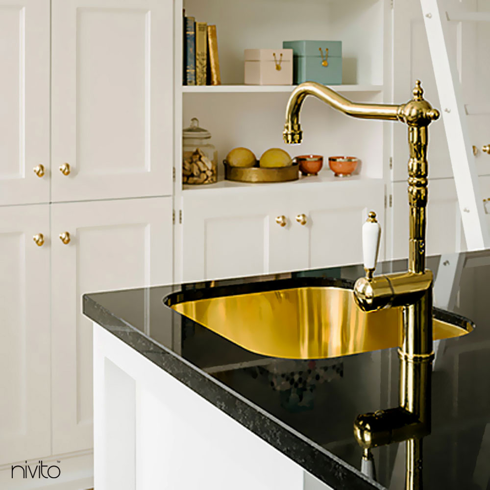 Brass/Gold Kitchen Sink Mixer Tap - Nivito CL-160 White Porcelain handle