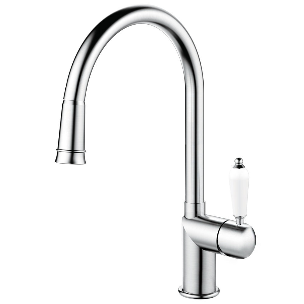 Stainless Steel Kitchen Sink Mixer Tap Pullout hose - Nivito CL-200 White Porcelain handle