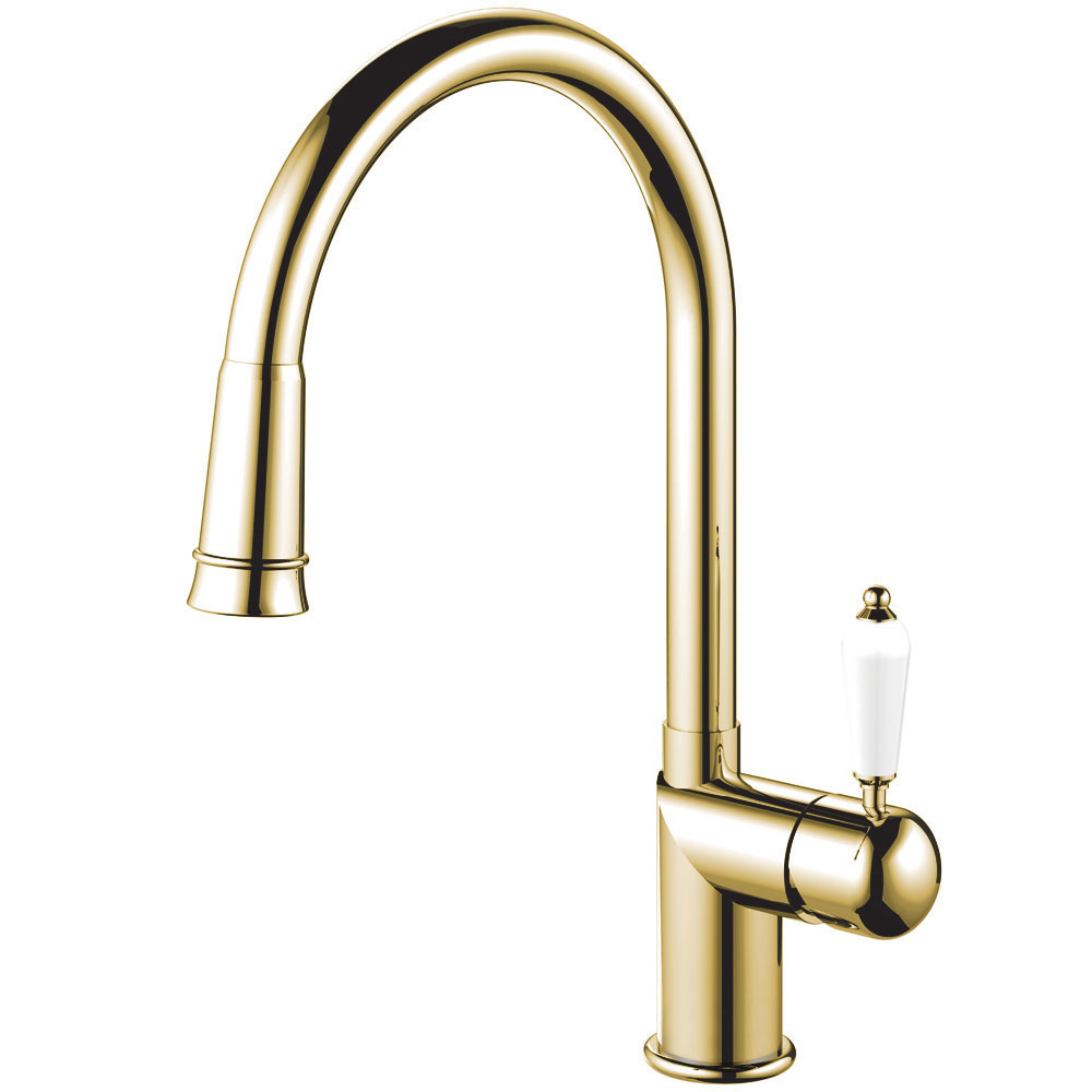 Brass/Gold Mixer Tap Pullout hose - Nivito CL-260 White Porcelain handle